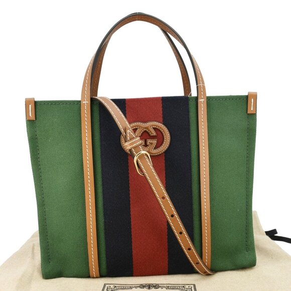Gucci GG Interlocking Canvas Web Tote Bag Tri Color Green 727728 - Picture 3 of 12